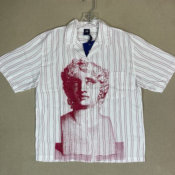 Flan Shirt Mens XS White Graphic Print Short Sleeve Chest Pocket‎ Relaxed - Picture 1 of 10